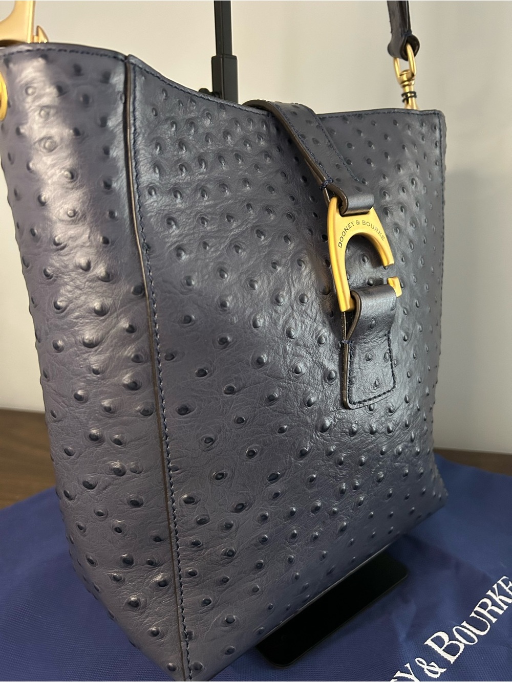 Dooney & Bourke NWT Blue Ostrich-Embossed Leather Brynn Bag Buckle Accent - Picture 4 of 14